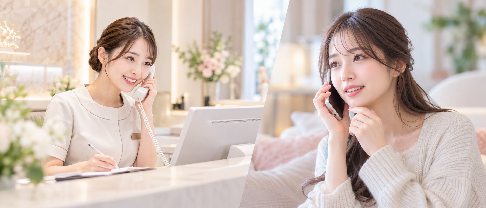 クリニックの受付スタッフと、電話で相談する女性
