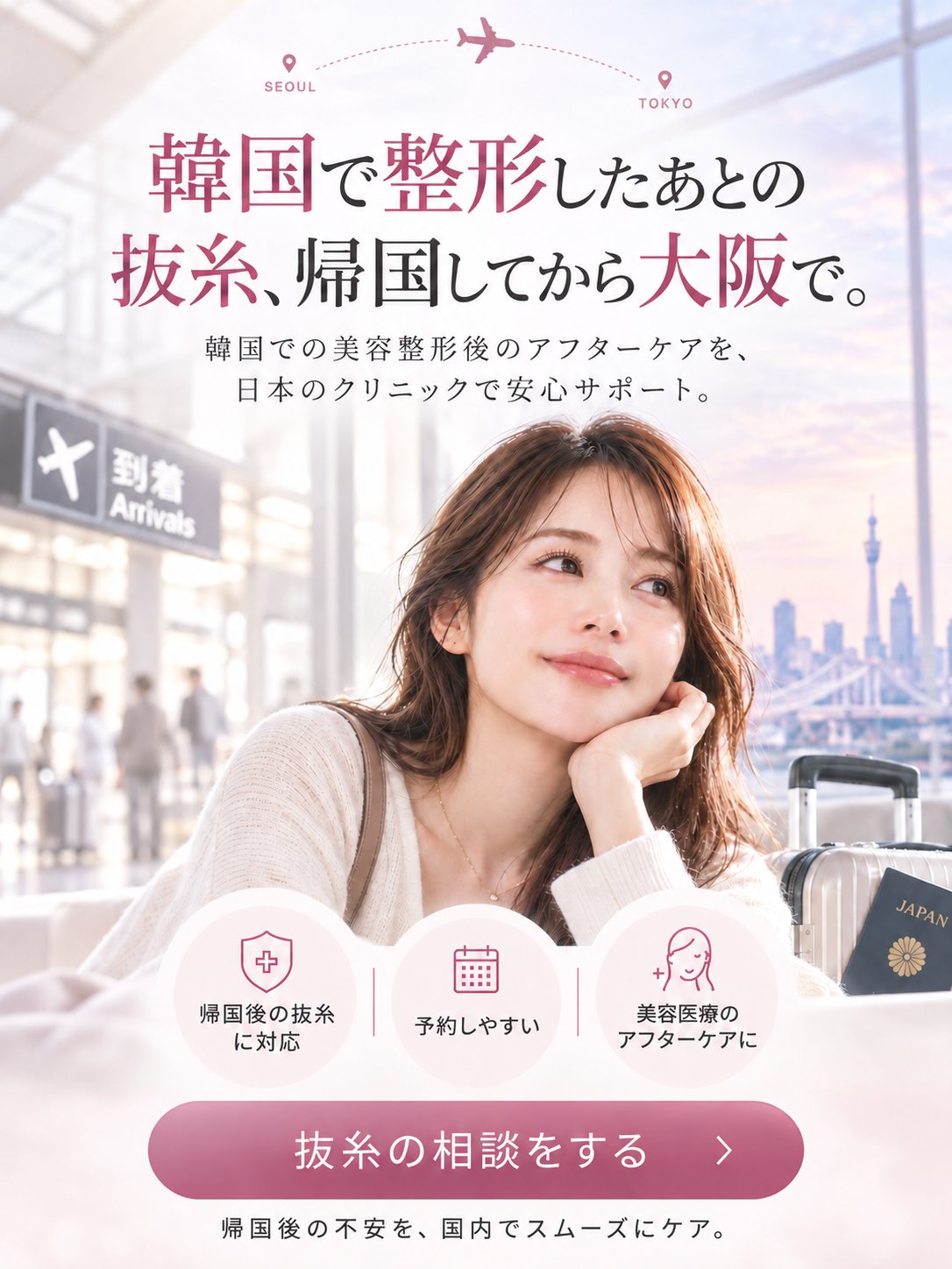 韓国で整形したあとの抜糸、帰国してから大阪で。